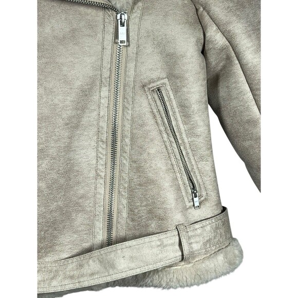 Abercrombie & Fitch Women’s Faux Suede Shearling Moto Biker Jacket Size M Tan - Picture 5 of 14